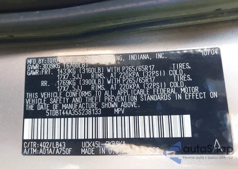 2005 Toyota Sequoia Sr5 V8 from USA, damaged, VIN 5TDBT44A35S238133